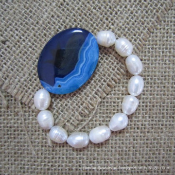 Bracelete da pérola, ágata azul lateral, branco pérola pulseira, pulseira elástica, joia da pérola